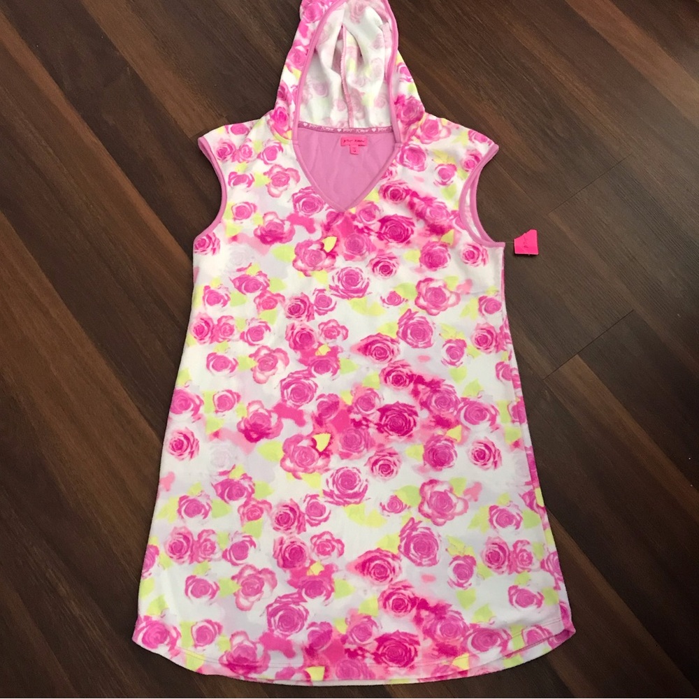 Betsey Johnson Floral Hooded Swim Cover Up Pink Rose Blossom Tunic Dress NWT - Picture 1 of 5
